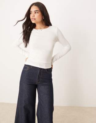 Soft Touch slim fit long sleeve crew neck top in white