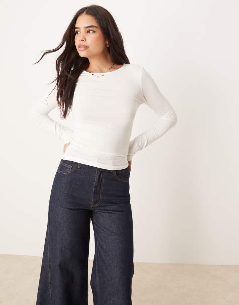 Gina Tricot Soft Touch slim fit long sleeve crew neck top in white - view 1