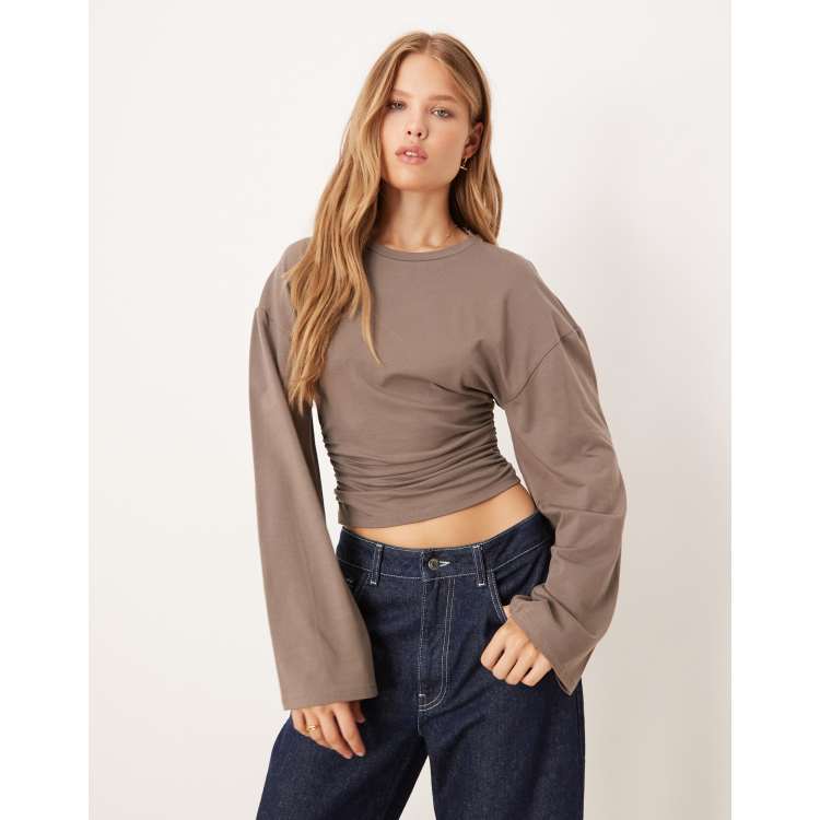 Gina Tricot Soft touch wide sleeve top in brown | ASOS