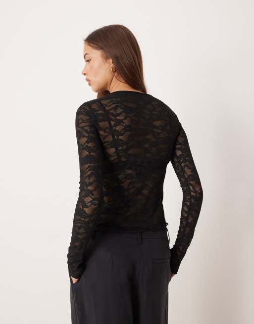 Gina Tricot - Sort asymmetrisk blondetop med lange ærmer, 4 af 4