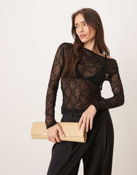 Gina Tricot - Sort draperet langærmet offshoulder-top i blondestof med rhinsten - view 1