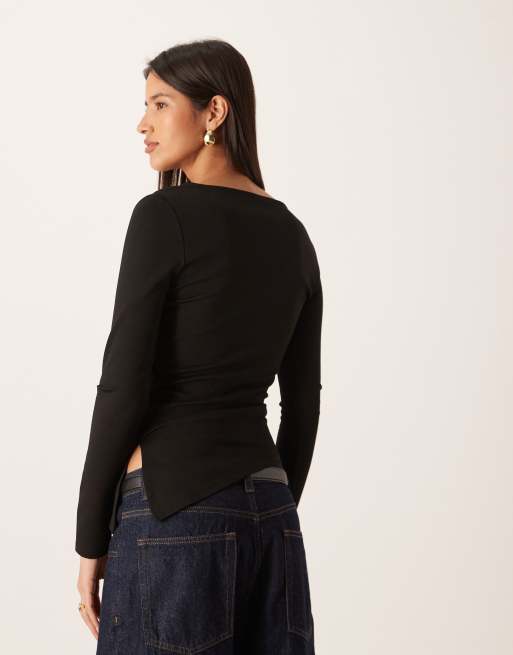 Gina Tricot - Sort langærmet top med asymmetrisk snit, 4 af 4