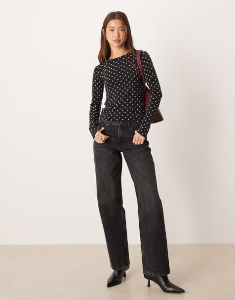 Gina Tricot - Sort langærmet top med polkaprikker - view 1