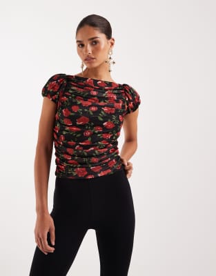 Gina Tricot - Sort mesh-top med korte pufærmer og rødt roseprint | ASOS