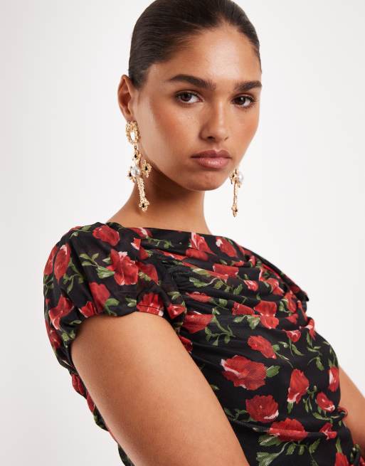 Gina Tricot - Sort mesh-top med korte pufærmer og rødt roseprint, 3 af 4