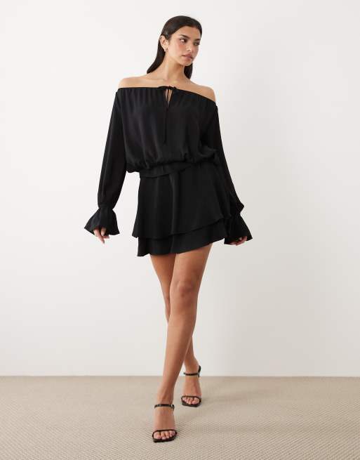 Gina Tricot - Sort offshoulder-minikjole med lange ærmer og flæser, 2 af 4
