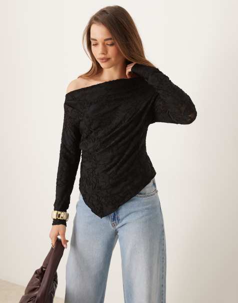 Gina Tricot - Sort offshoulder-top med asymmetrisk kant og jacquard-mønster i jersey - view 1