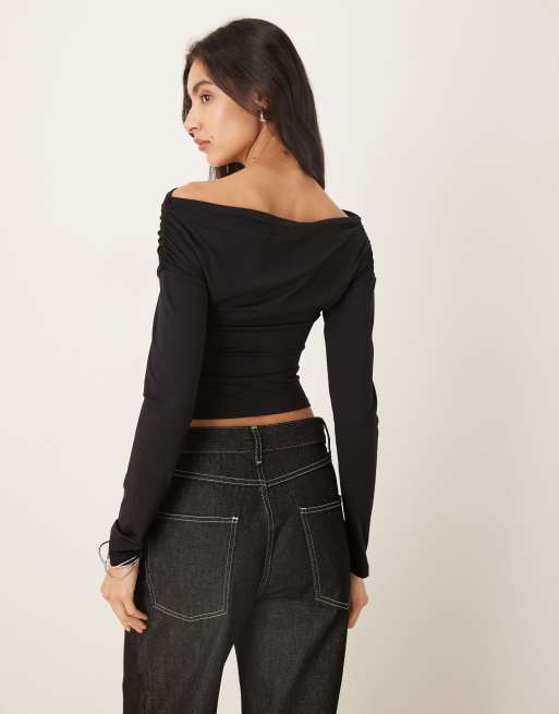 Gina Tricot - Sort og langærmet samt stram offshoulder-top i jersey, 3 af 4