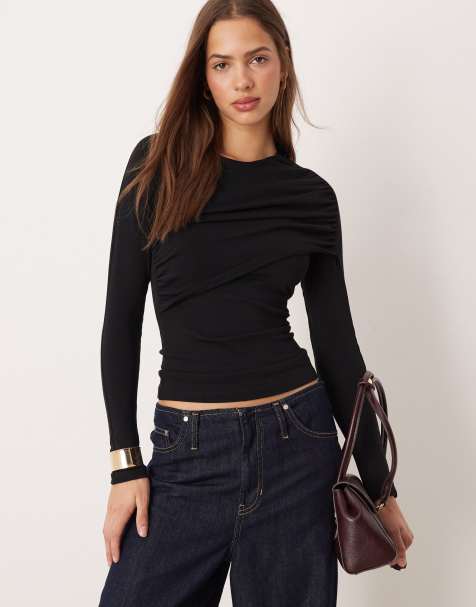 Gina Tricot - Sort overdel med lange ærmer, drapering og rynker i slim fit - view 1