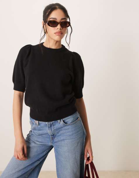Gina Tricot - Sort strikket sweater med korte pufærmer - view 1