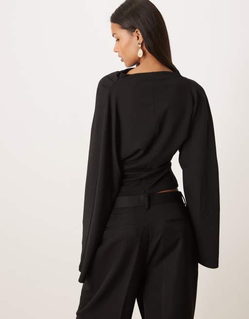 Gina Tricot - Sort top med høj hals, lange ærmer og drapering, 4 af 4