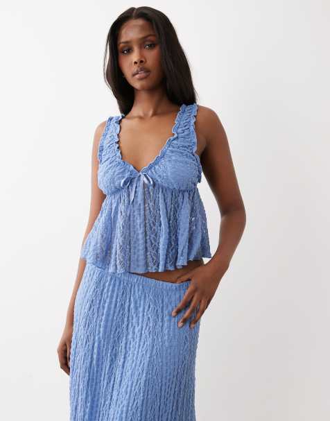 Gina Tricot – Spitzen-Oberteil in Blau mit Bandschleife auf der Vorderseite - view 1