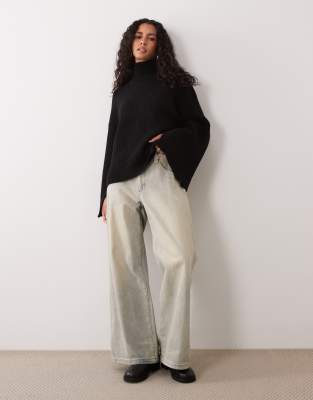 Gina Tricot Split Sleeve Detail Knit Turtleneck Sweater With Wool In Black