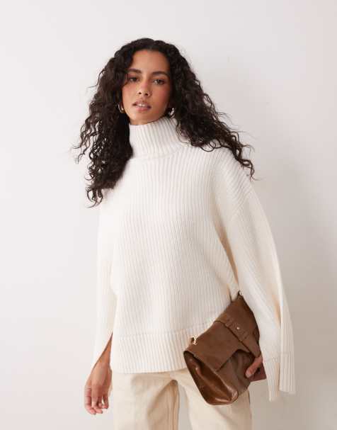 Gina Tricot split sleeve detail knit turtleneck sweater with wool in white - view 1