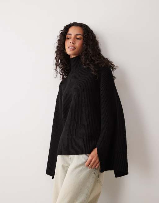 Gina Tricot split sleeve detail knitted turtleneck sweater with wool in black, 2 of 4
