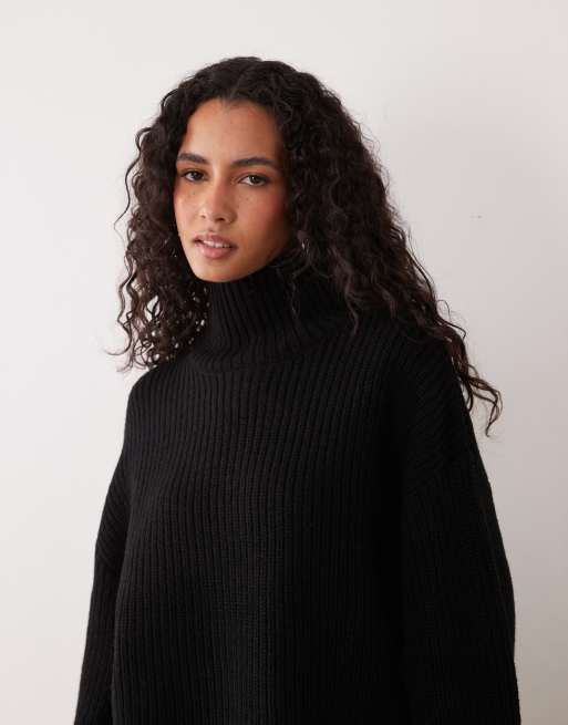 Gina Tricot split sleeve detail knitted turtleneck sweater with wool in black, 3 of 4