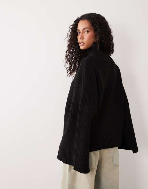 Gina Tricot split sleeve detail knitted turtleneck sweater with wool in black, 4 of 4