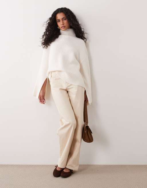 Gina Tricot split sleeve detail knitted turtleneck sweater with wool in white, 2 of 4
