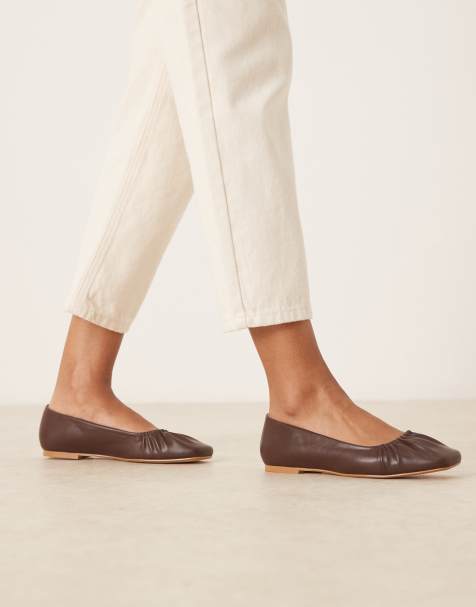 Gina Tricot sqaure toe ruched ballet flats in dark brown - view 1