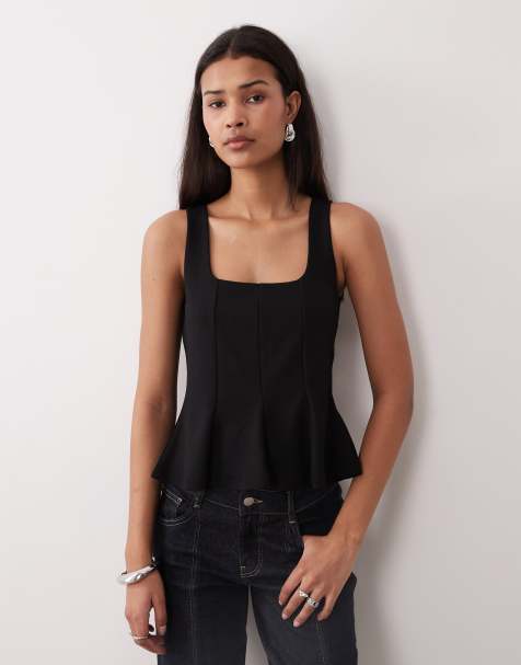 Gina Tricot square neck peplum top in black - view 1