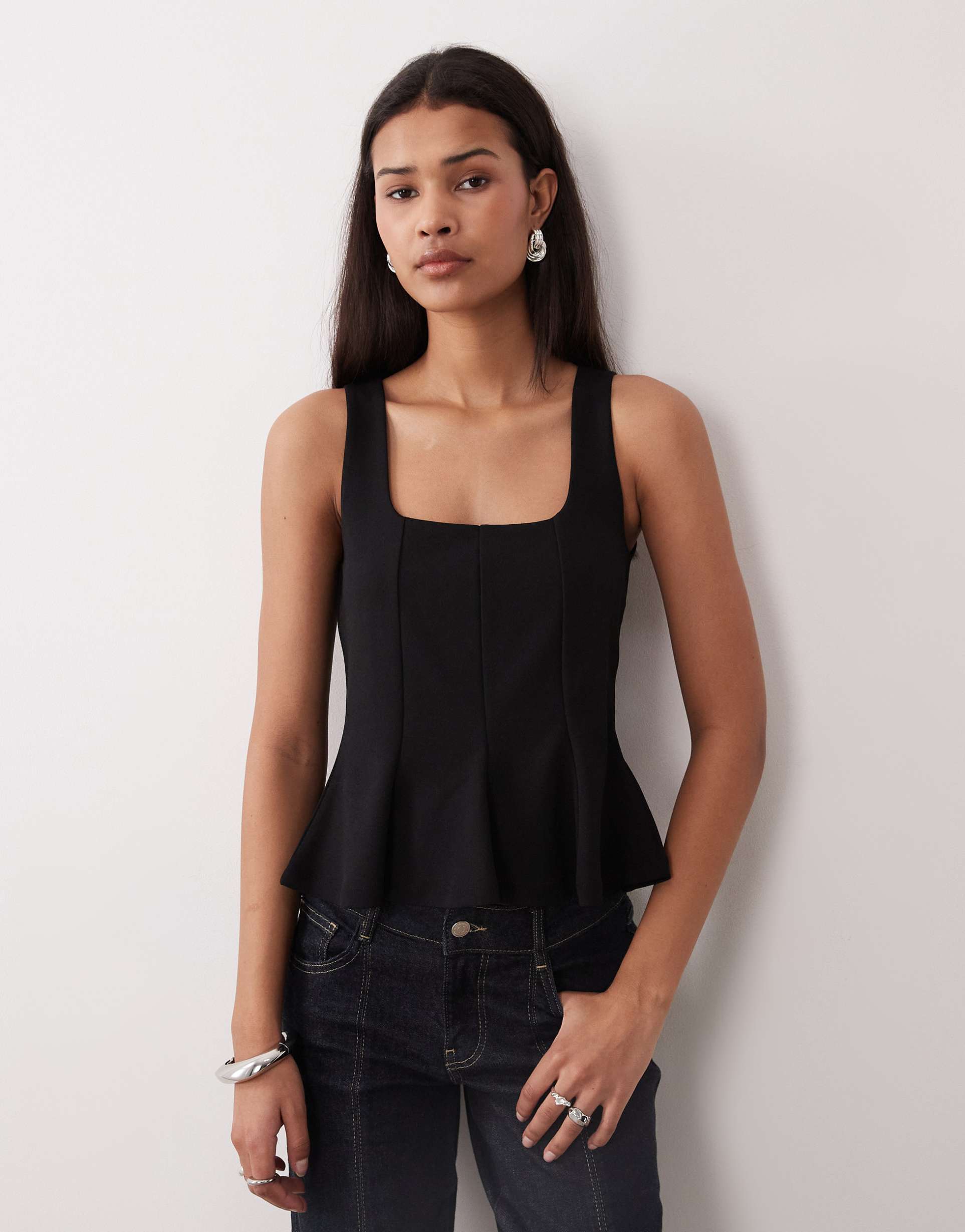 gina tricot square neck peplum top in black