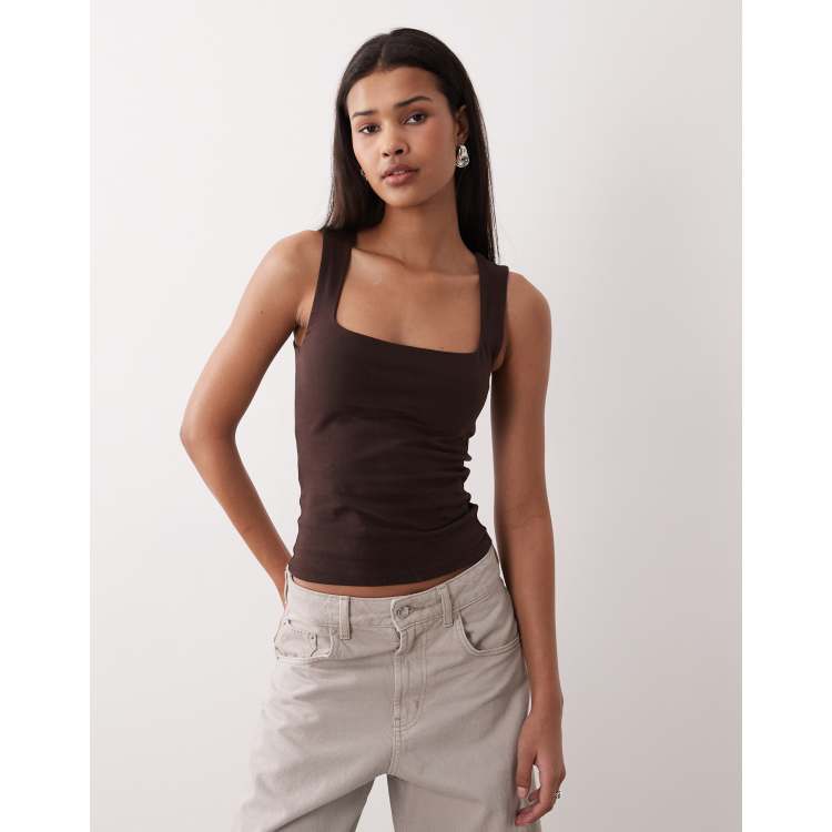 Gina Tricot square neck tank top in brown | ASOS