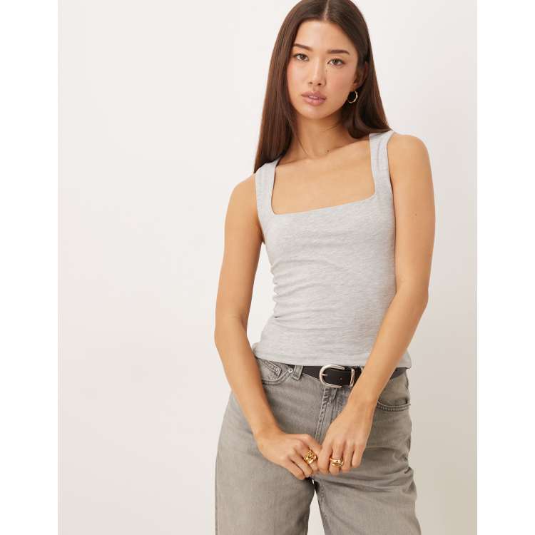 Gina Tricot square neck tank top in gray melange | ASOS