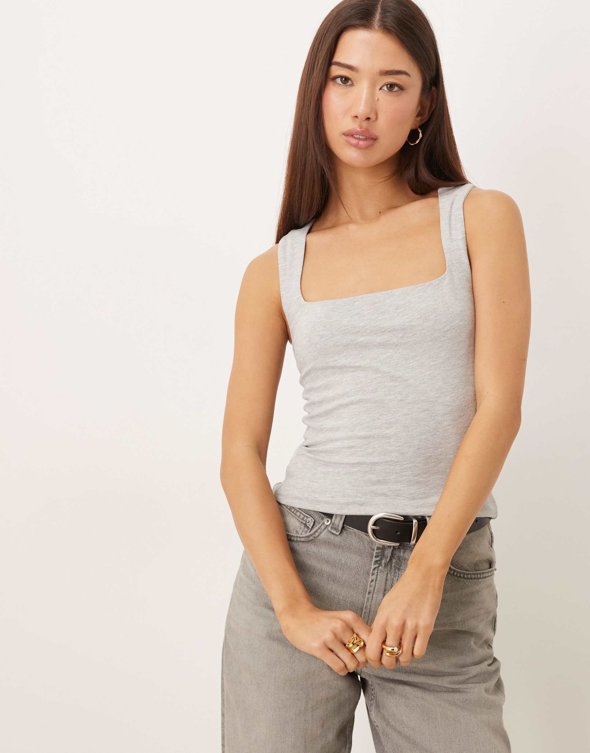 gina tricot square neck tank top in gray melange