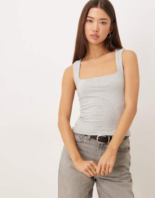 Gina Tricot square neck tank top in gray melange | ASOS