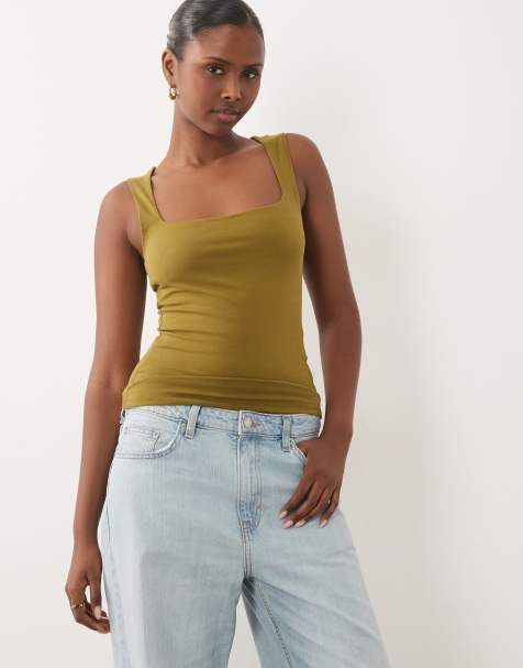 Gina Tricot square neck tank top in olive green - view 1