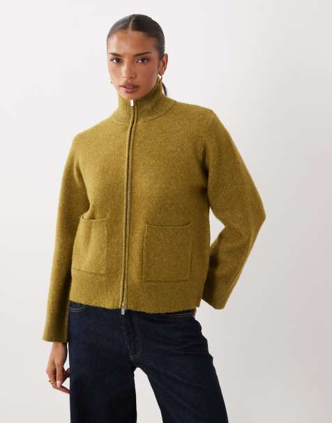 Gina Tricot stickad kofta med fickor i olivgrönt - view 1