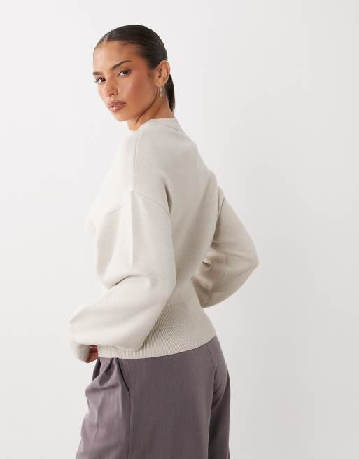 Gina Tricot stickad tröja med markerad midja i beige, 4 av 4