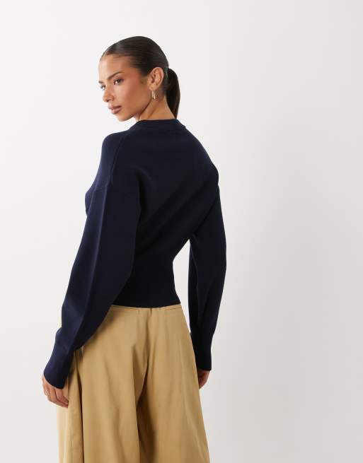 Gina Tricot stickad tröja med markerad midja i navy, 4 av 4