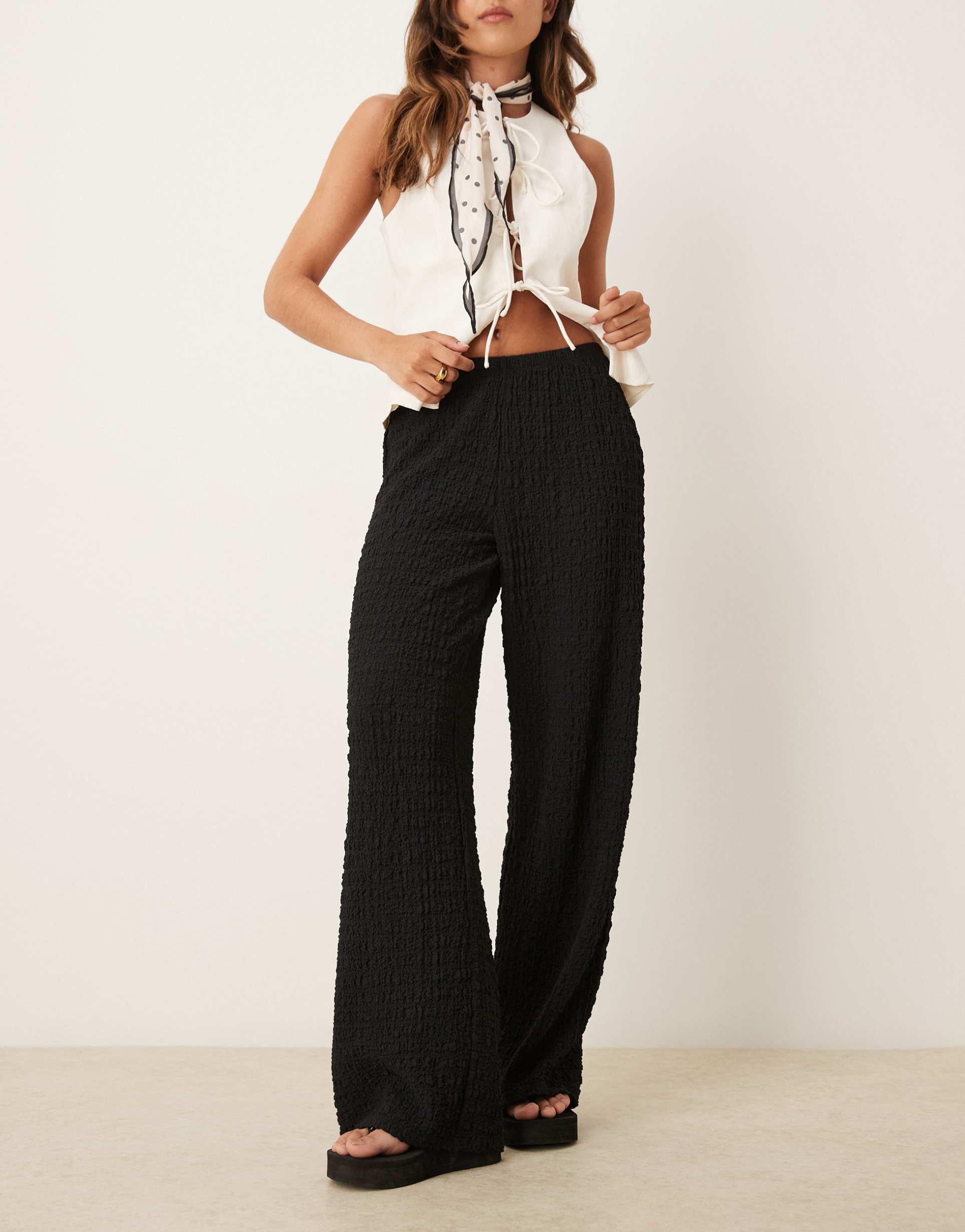 gina tricot straight leg crinkle textured pants in black