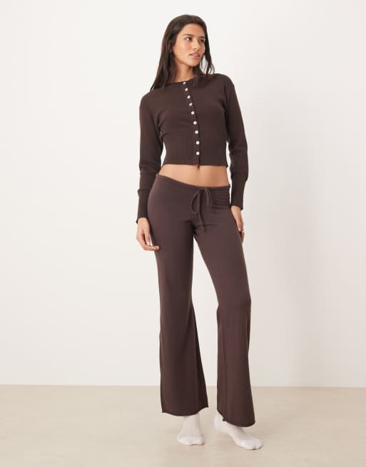 Gina Tricot straight leg drawstring fine knitted set in dark brown