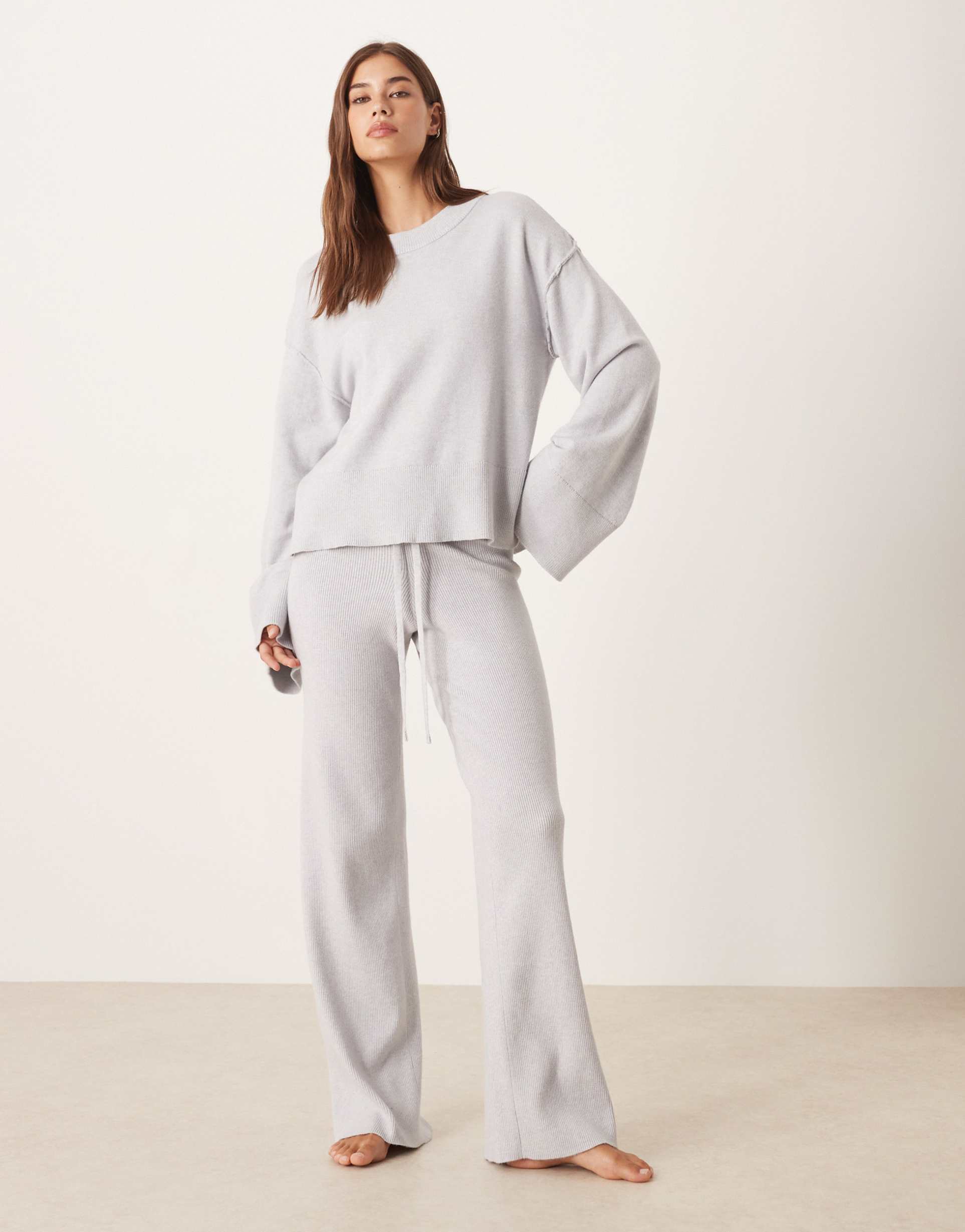 gina tricot straight leg fine rib knit pants in light heather gray - part of a set