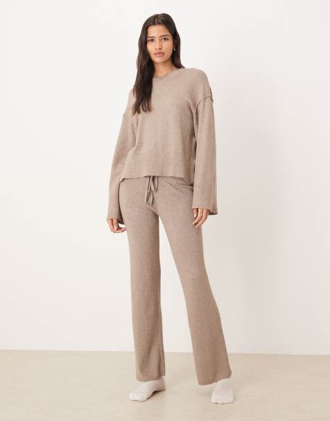 Gina Tricot straight leg rib fine knitted set in brown melange - view 1