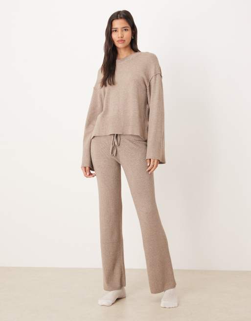 Gina Tricot straight leg rib fine knitted set in brown melange