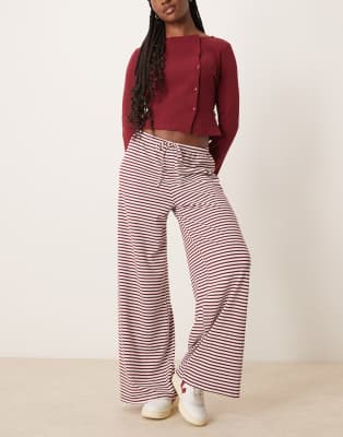 straight leg soft pants in burgundy red and white stripe-Multi