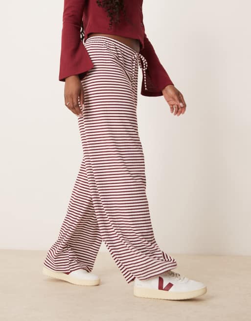 Gina Tricot straight leg soft pants in burgundy red and white stripe
