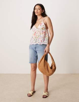 Gina Tricot Strappy Broderie Anglaise Tank Top In Multi