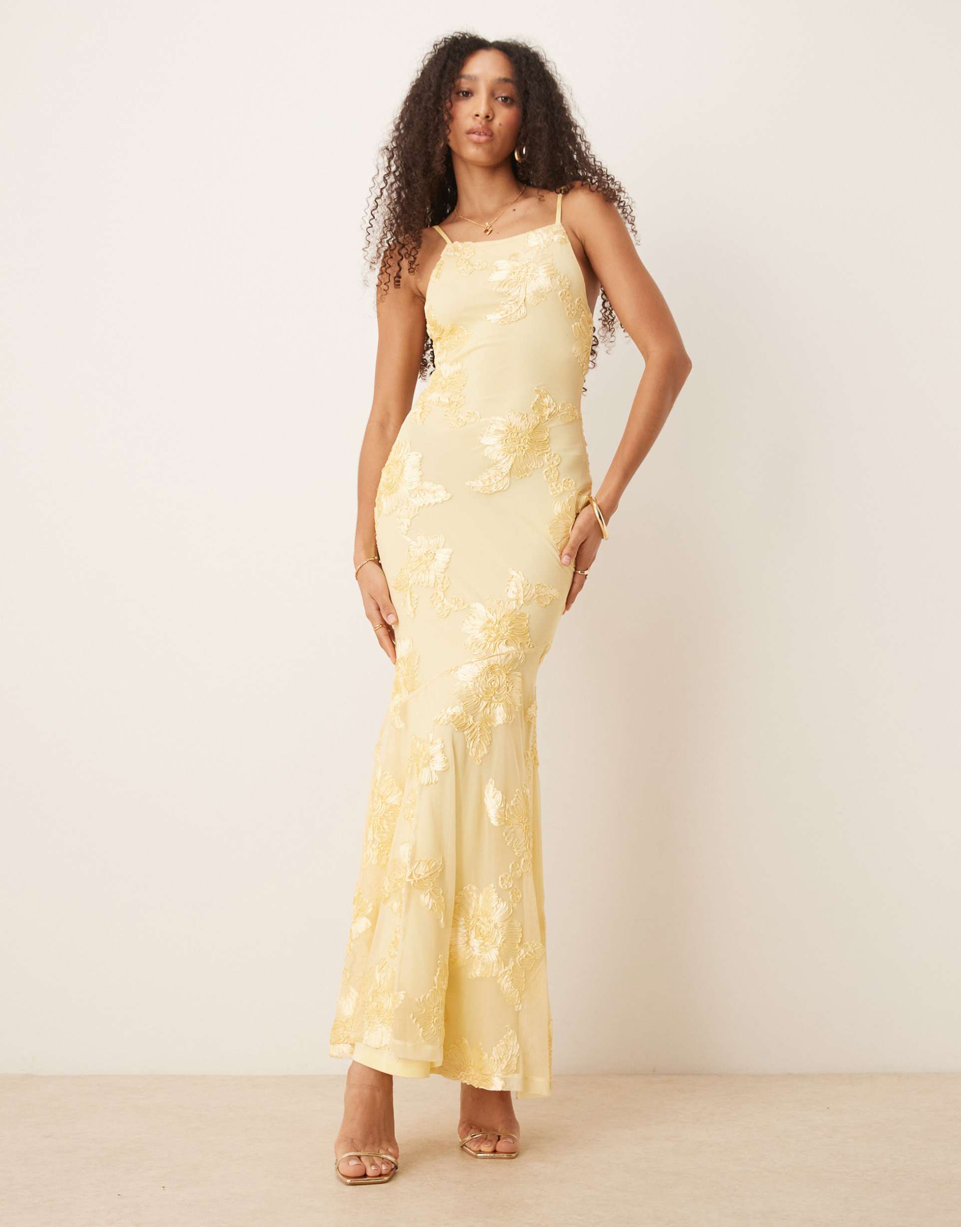gina tricot strappy flower embroidery maxi dress in yellow