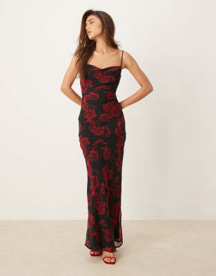 strappy maxi dress with cowl neck in black and red floral print