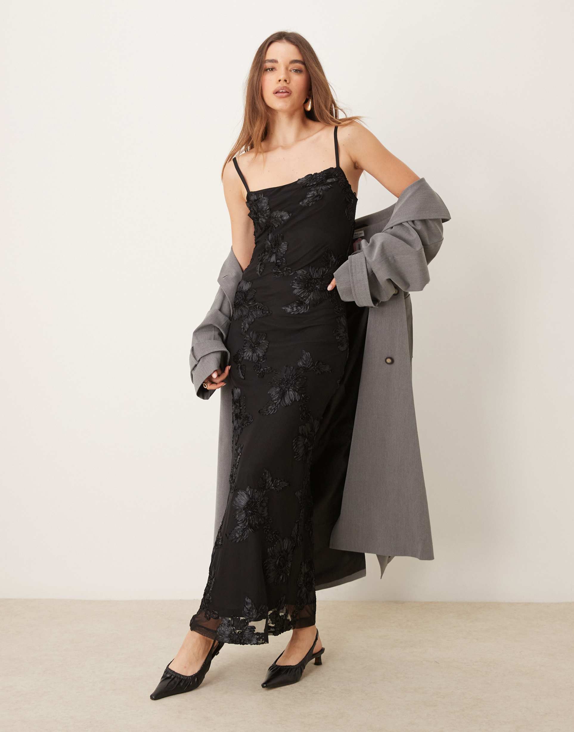 gina tricot strappy maxi dress with sheer jacquard overlay in black