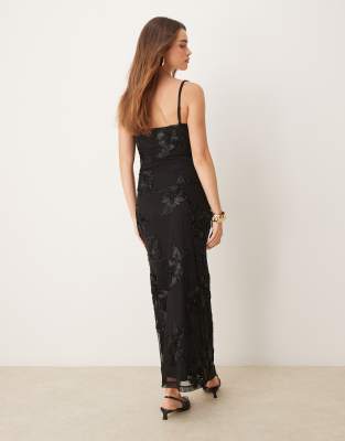 Gina Tricot Strappy Maxi Dress With Sheer Jacquard Overlay In Black