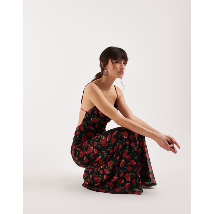 Gina Tricot strappy mesh cowl neck maxi dress in black with red rose print