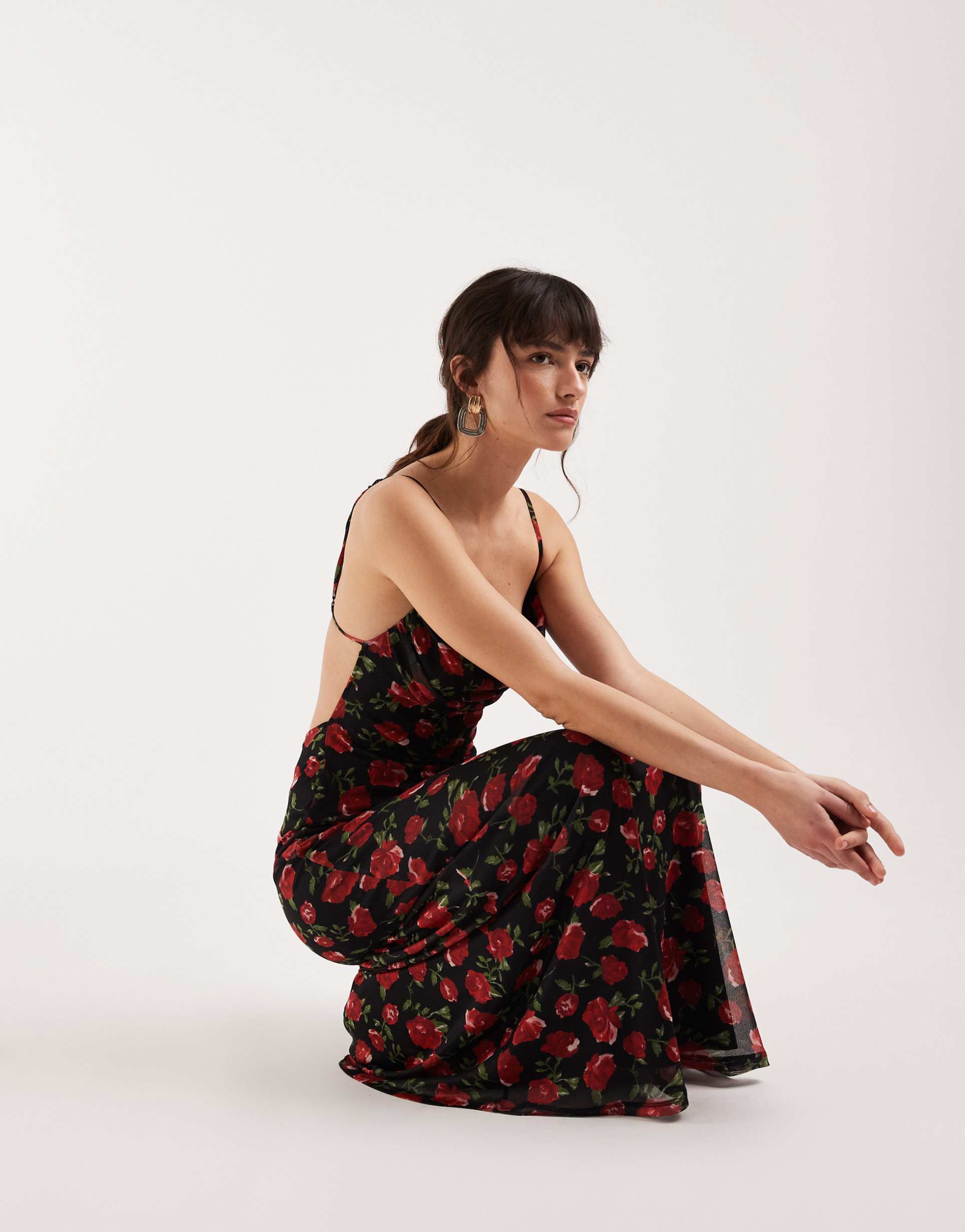 gina tricot strappy mesh cowl neck maxi dress in black with red rose print