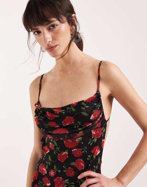 Gina Tricot strappy mesh cowl neck maxi dress in black with red rose print  | ASOS