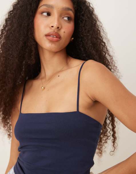 Gina Tricot strappy slim fit singlet vest top in dark blue - view 1