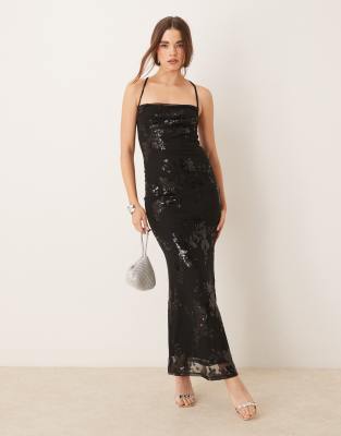 Gina Tricot - Stretch-Maxikleid in Metallic-Schwarz mit Jacquard-Blumenmuster und Rückenausschnitt